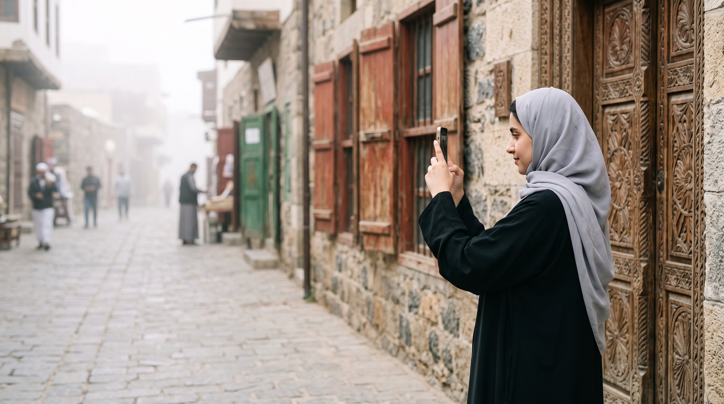 A young woman photographs a carved door