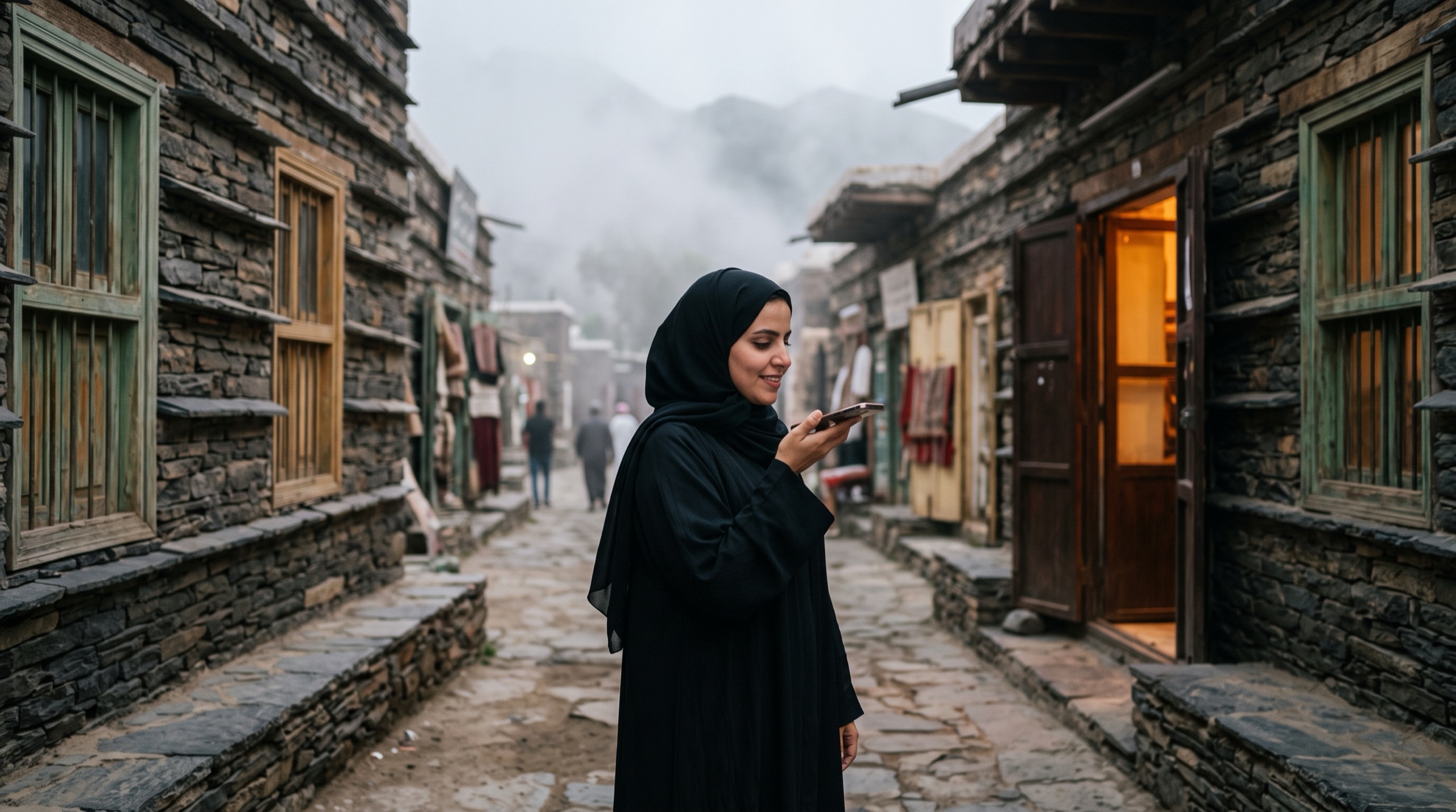 A woman in the old market street of Abha