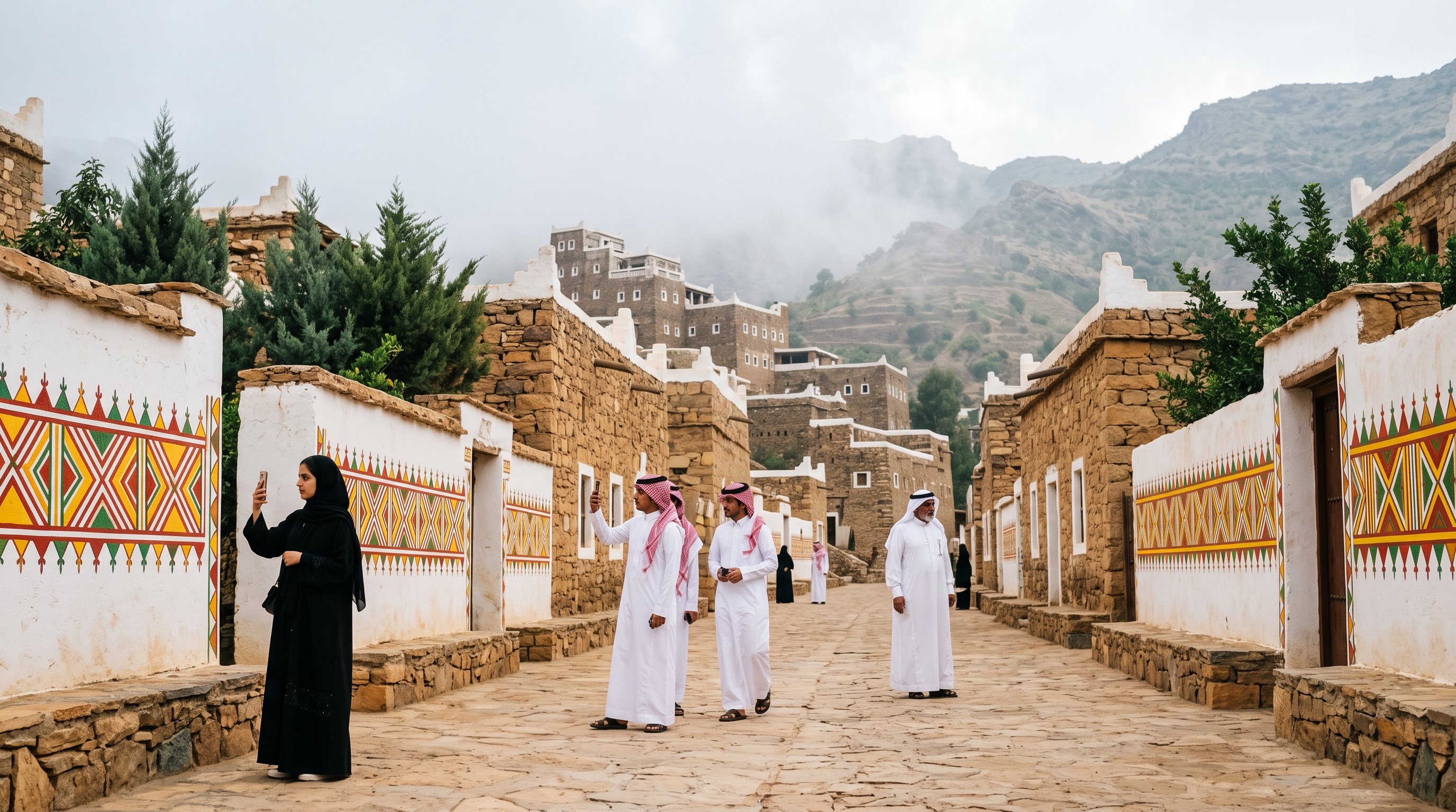 Locals photographing Al-Qatt walls in Abha