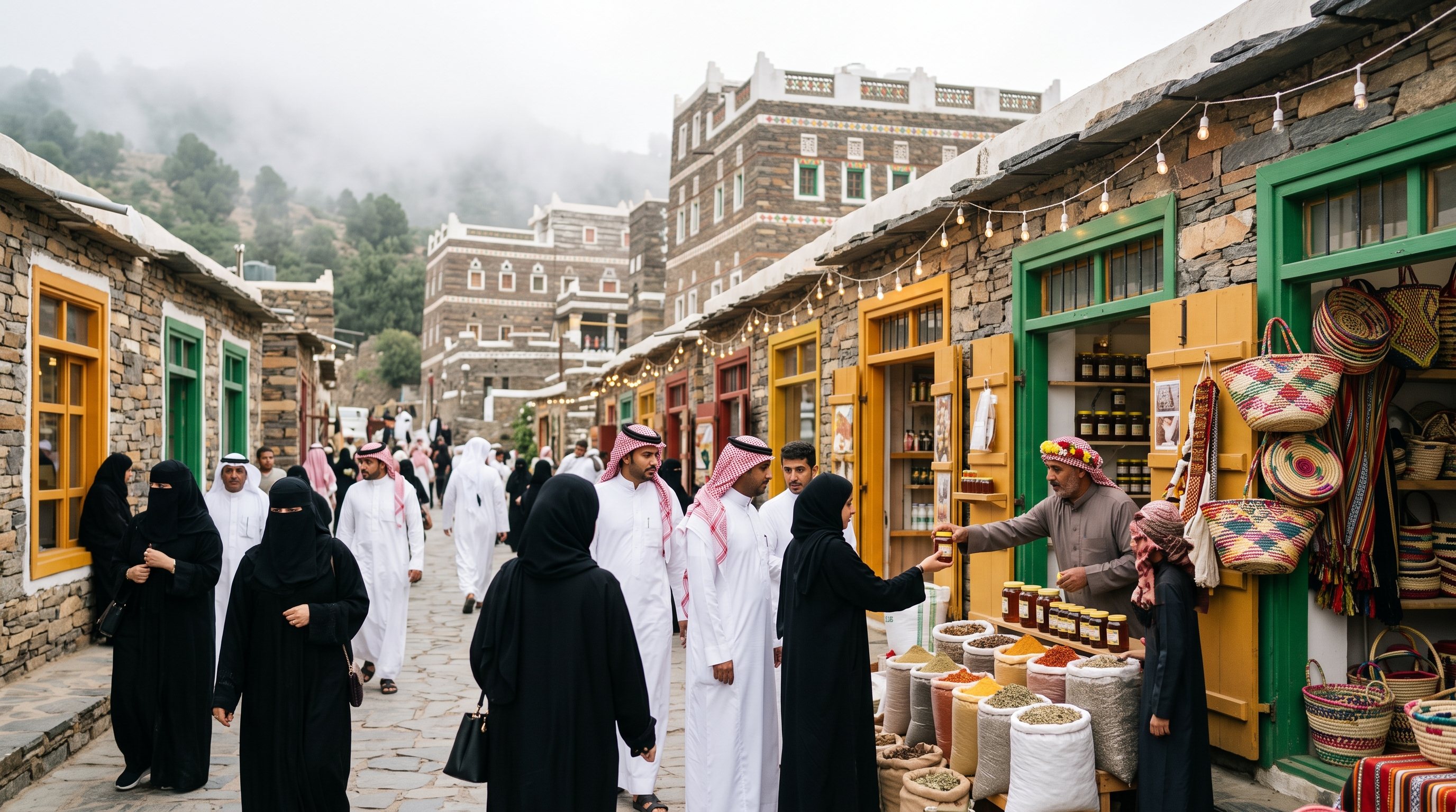 A busy evening street of small shops in Abha
