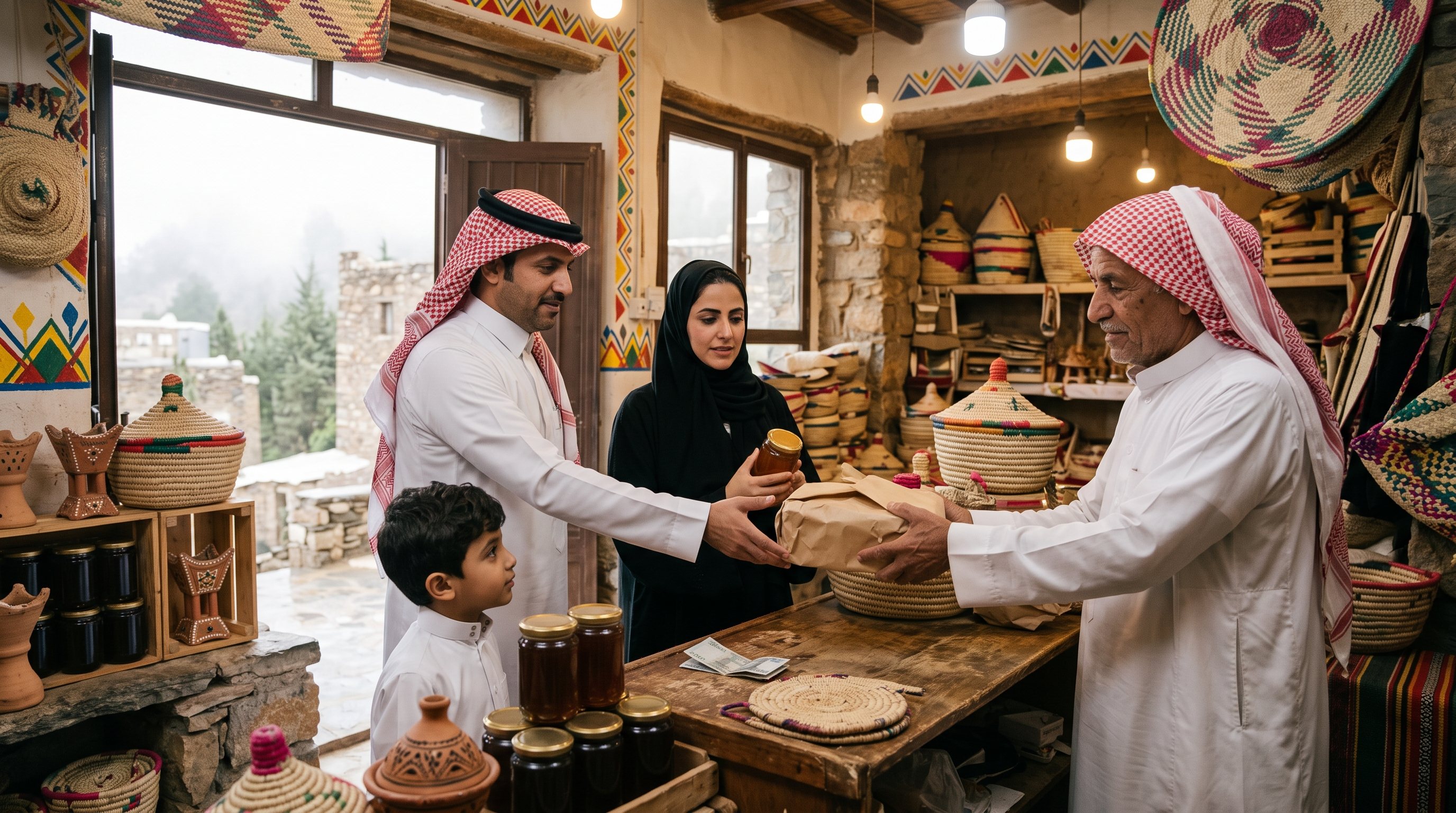 A family buying a basket and honey in a craft shop