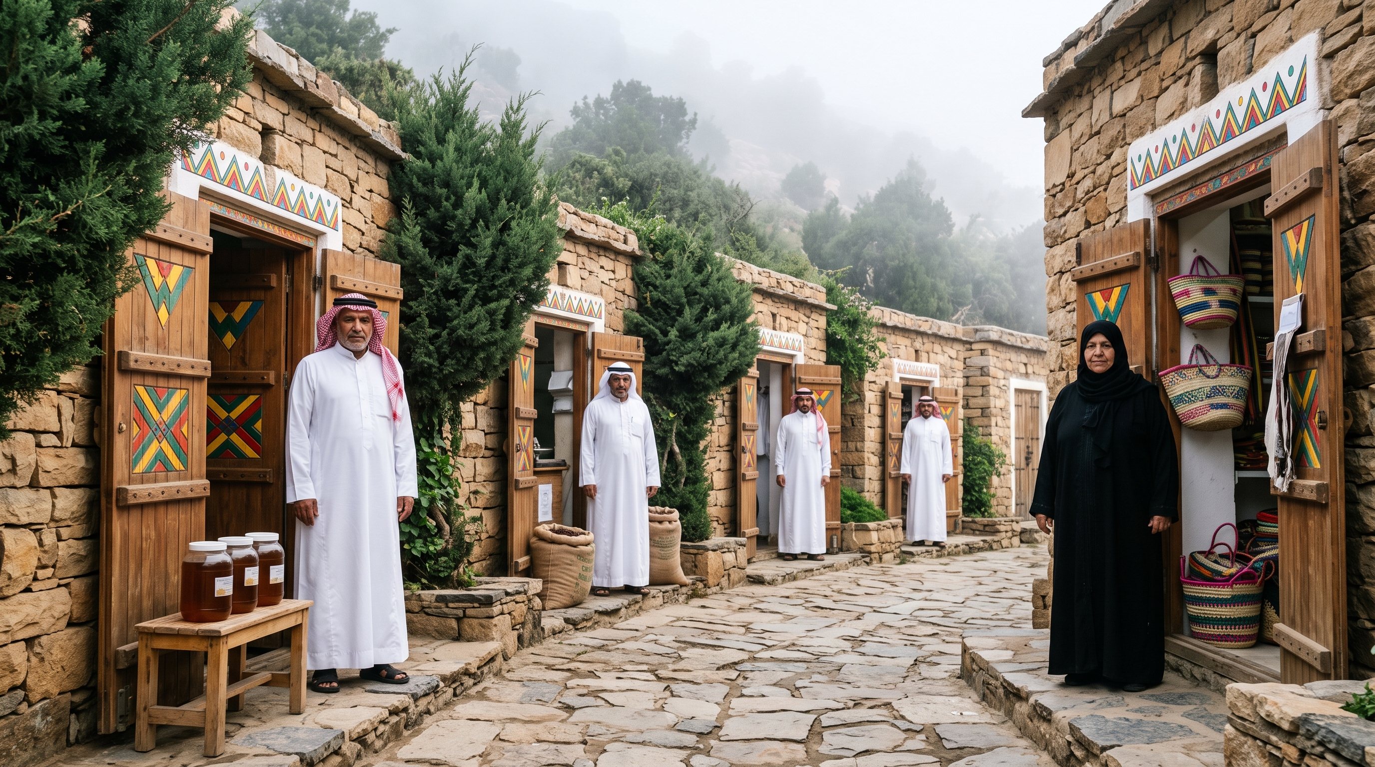 Shop owners at their doors on one street in old Abha