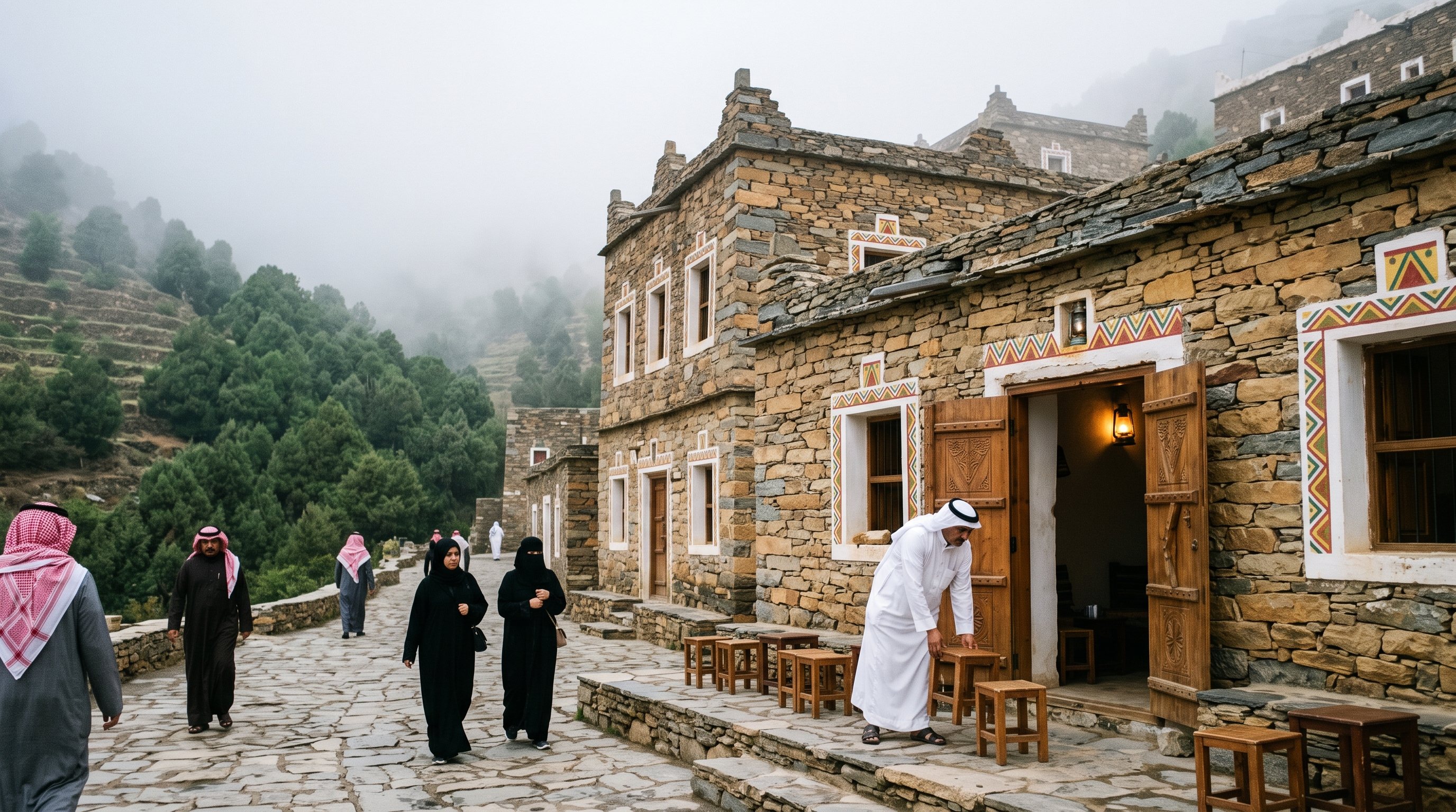 Fog rolling into an Abha market street as a café opens