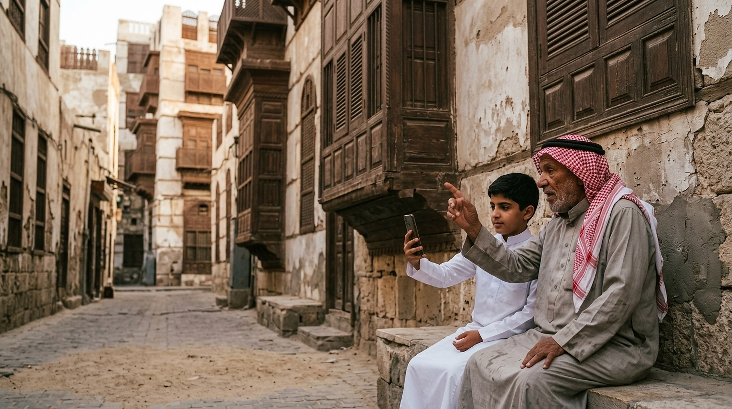 A boy shows his grandfather the record of their neighbourhood in Jeddah's historic district