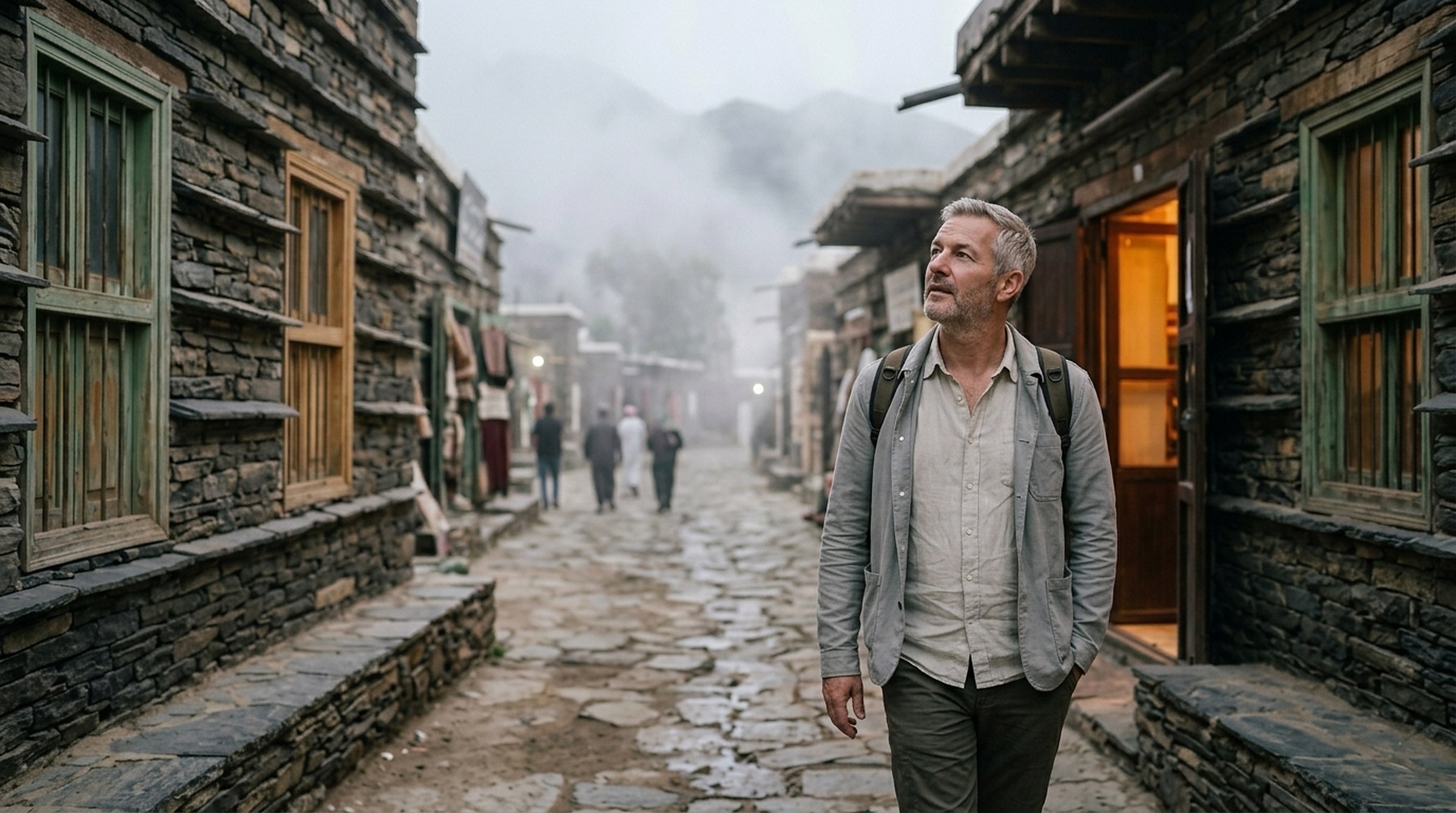 James walking up the old market street in Abha