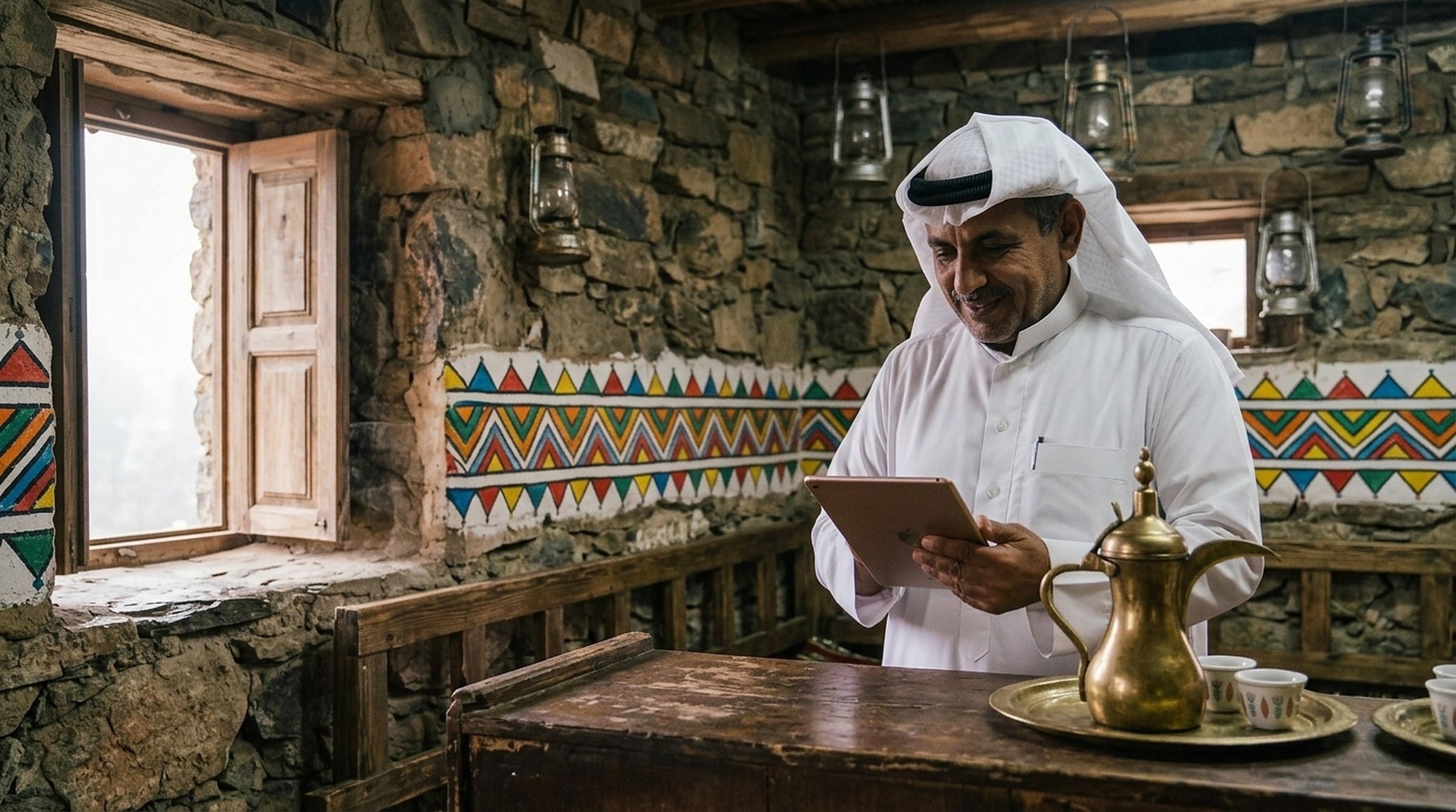 Abu Saeed looking at his own page on a tablet in his café