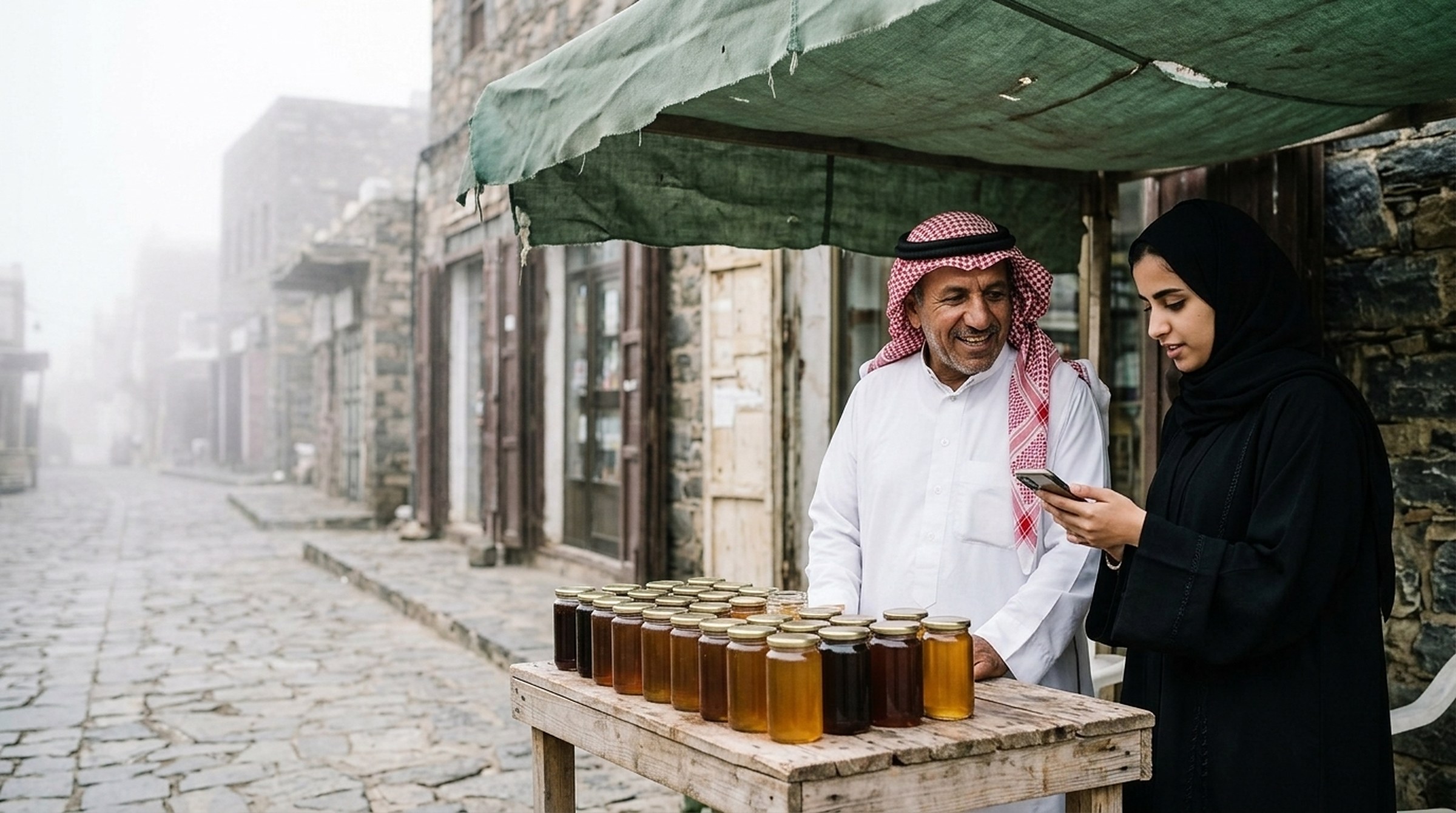 A checker confirming Abu Nasser’s days at his honey stall