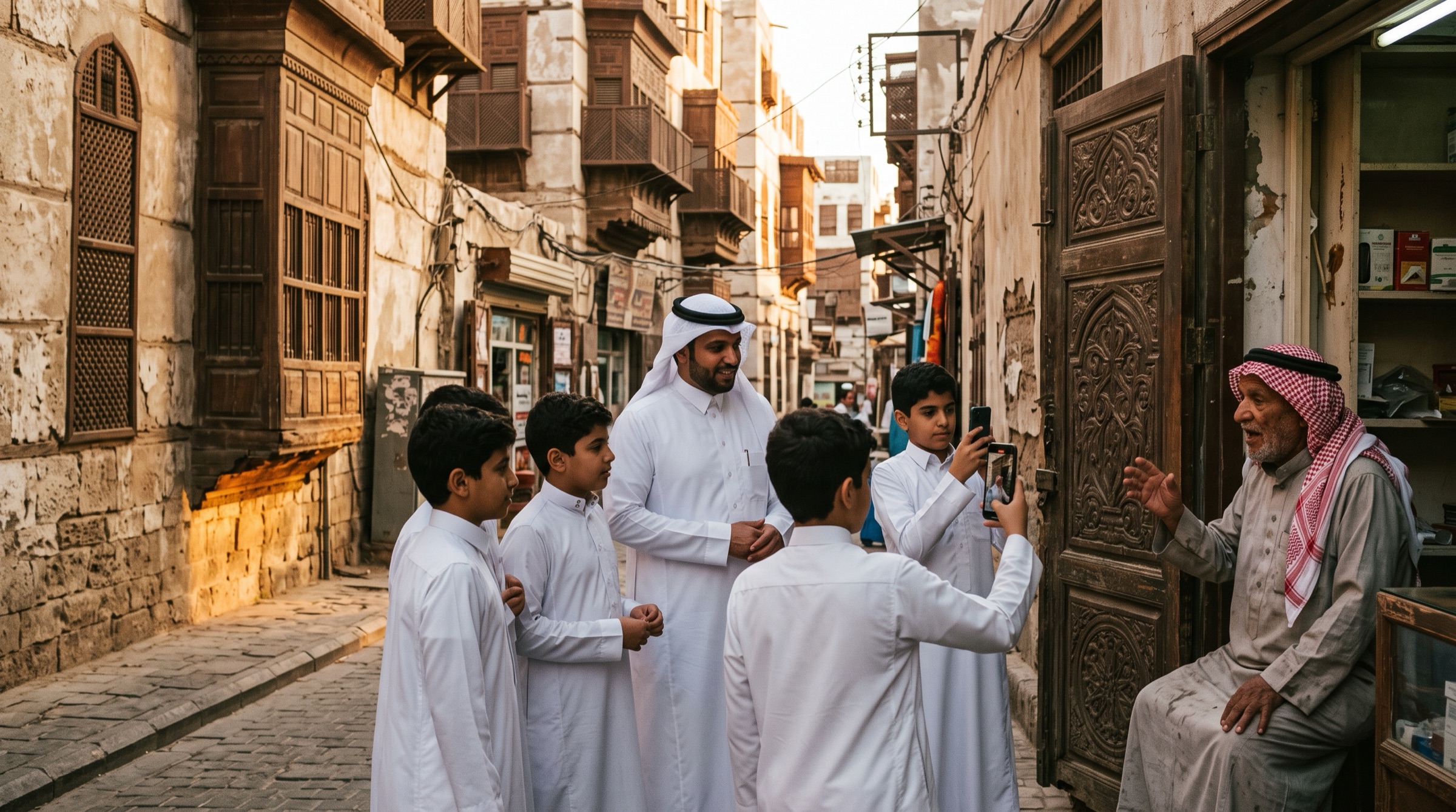 Hani and his students in Jeddah's historic district