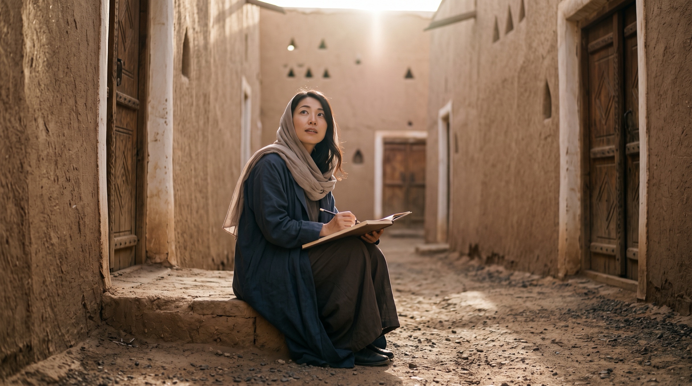 Yuki sketching in an old Najdi lane