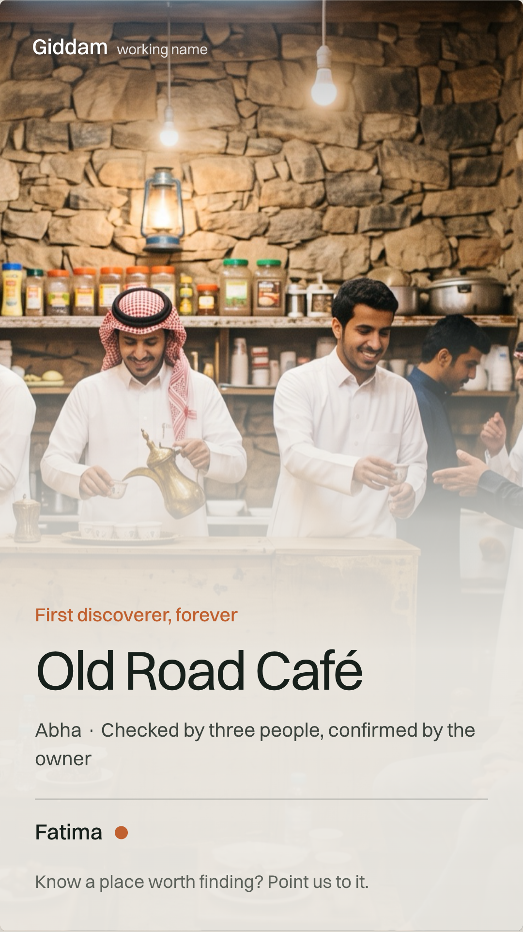 Fatima's first-discoverer card: the Old Road Café, Abha, checked by three people and confirmed by the owner